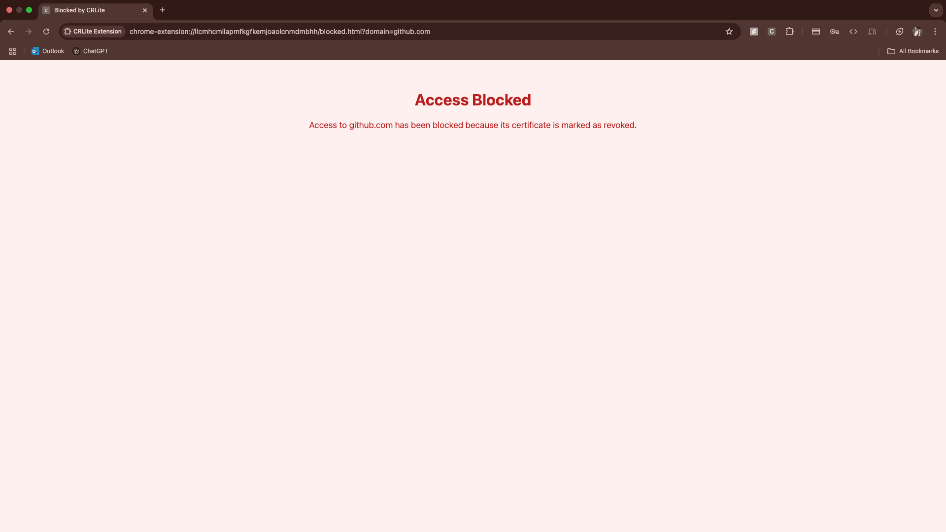 CRLite+ extension blocking access to revoked certificate for github.com