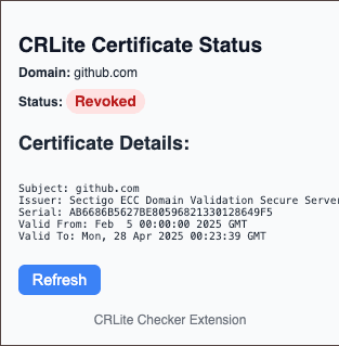 CRLite+ certificate status popup showing revoked certificate details