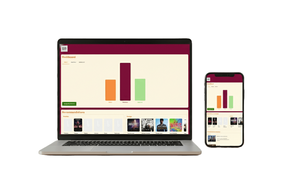 Virtual Emotion Mirror dashboard interface showing laptop and smartphone views with emotion analytics dashboard, daily/weekly/monthly charts, and personalized movie and music recommendations